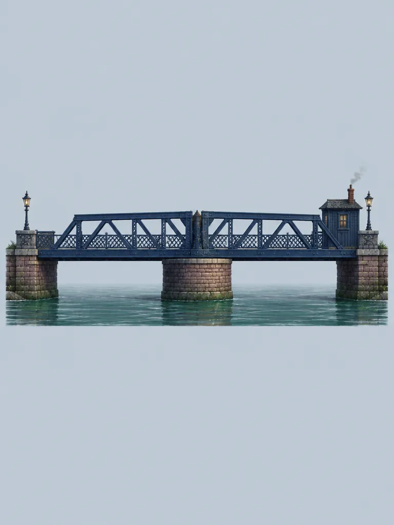 Tampak depan Swing Bridge: jembatan rangka besi biru di atas pilar batu bundar di tengah kanal, lampu gas di kedua ujung, pondok operator kecil di kanan.